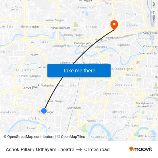 Ashok Pillar / Udhayam Theatre to Ormes road map