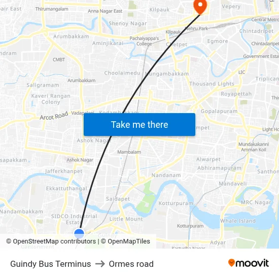 Guindy Bus Terminus to Ormes road map