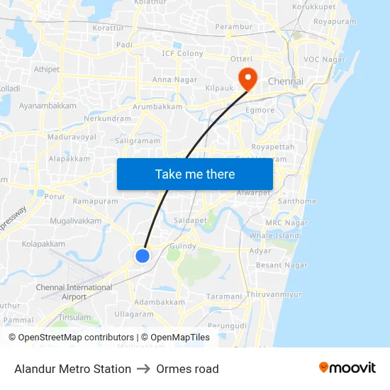 Alandur Metro Station to Ormes road map