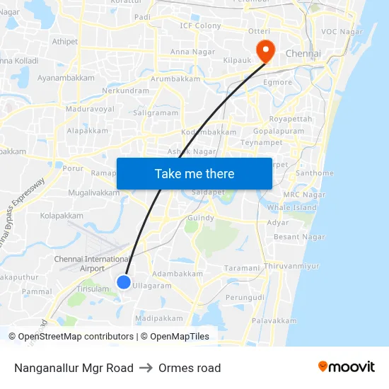 Nanganallur Mgr Road to Ormes road map