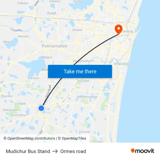 Mudichur Bus Stand to Ormes road map