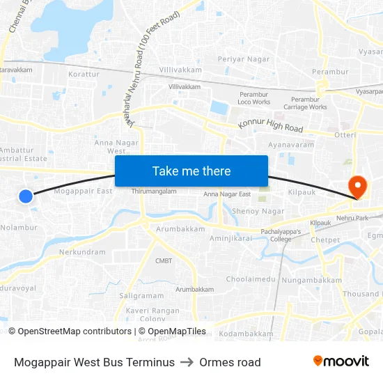 Mogappair West Bus Terminus to Ormes road map