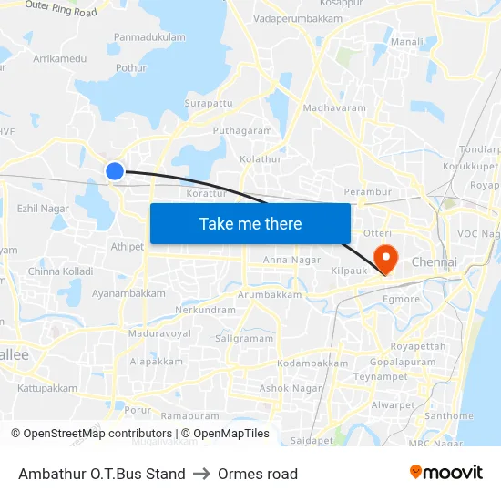 Ambathur O.T.Bus Stand to Ormes road map