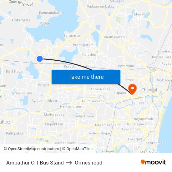Ambathur O.T.Bus Stand to Ormes road map