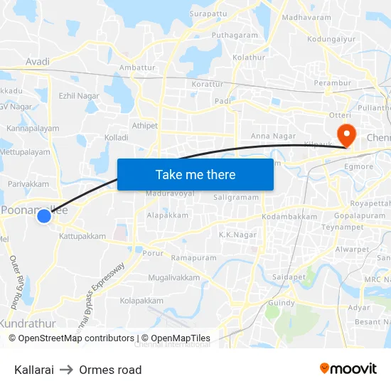 Kallarai to Ormes road map