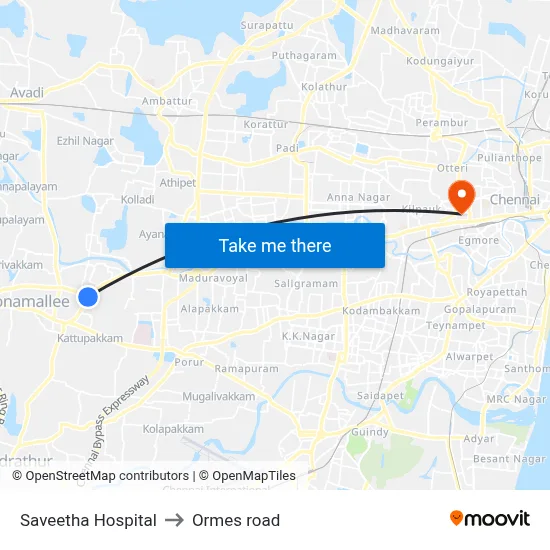 Saveetha Hospital to Ormes road map
