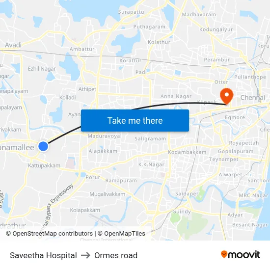 Saveetha Hospital to Ormes road map