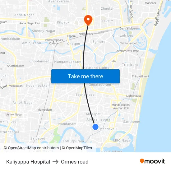 Kaliyappa Hospital to Ormes road map