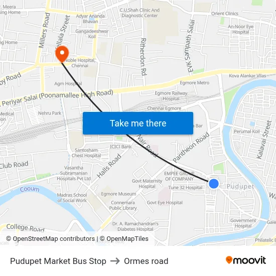 Pudupet Market Bus Stop to Ormes road map