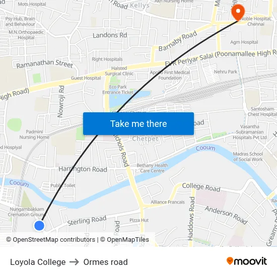 Loyola College to Ormes road map