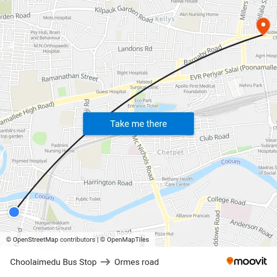 Choolaimedu Bus Stop to Ormes road map
