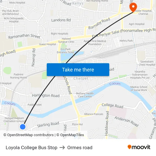 Loyola College Bus Stop to Ormes road map
