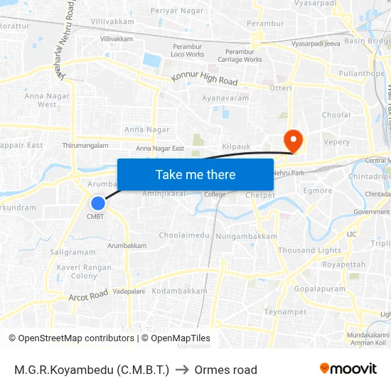 M.G.R.Koyambedu (C.M.B.T.) to Ormes road map