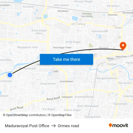 Maduravoyal Post Office to Ormes road map