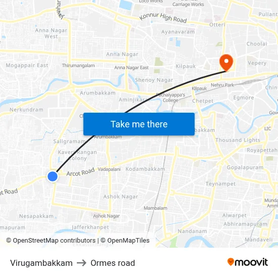 Virugambakkam to Ormes road map