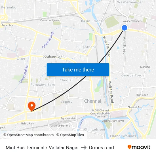 Mint Bus Terminal / Vallalar Nagar to Ormes road map