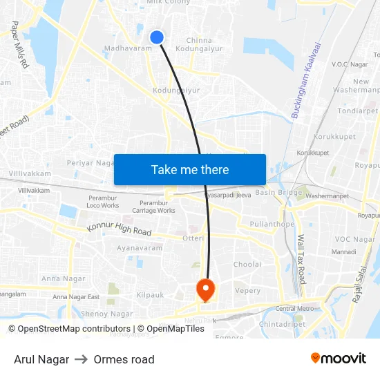 Arul Nagar to Ormes road map