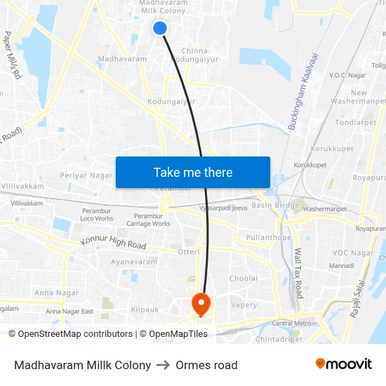 Madhavaram Millk Colony to Ormes road map