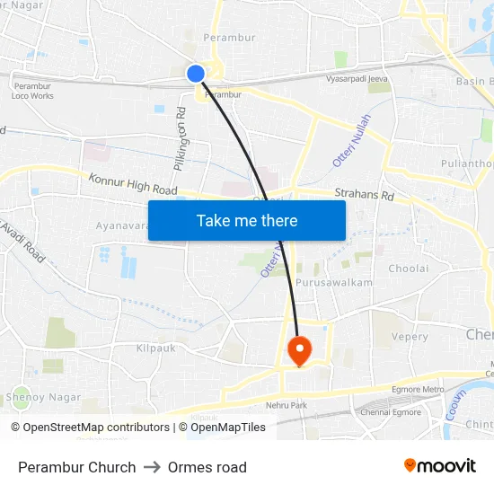 Perambur Church to Ormes road map