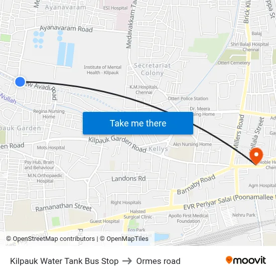 Kilpauk Water Tank Bus Stop to Ormes road map