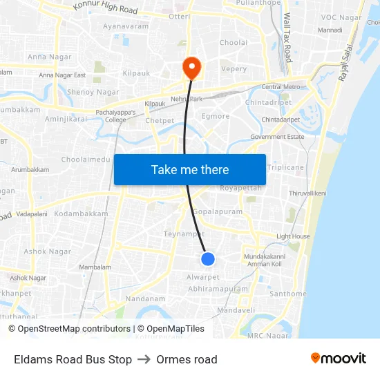 Eldams Road Bus Stop to Ormes road map
