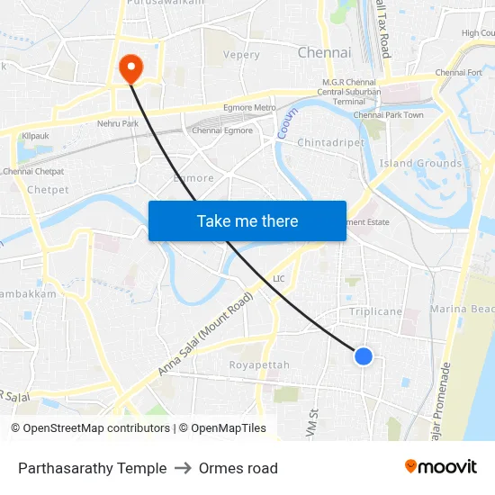 Parthasarathy Temple to Ormes road map