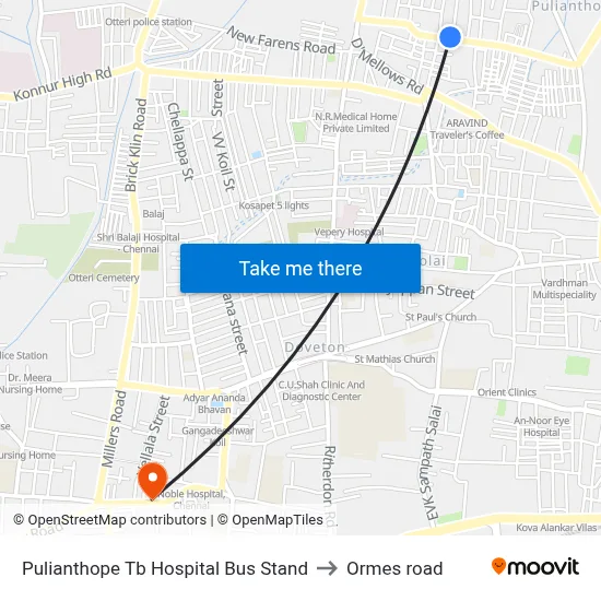 Pulianthope Tb Hospital Bus Stand to Ormes road map