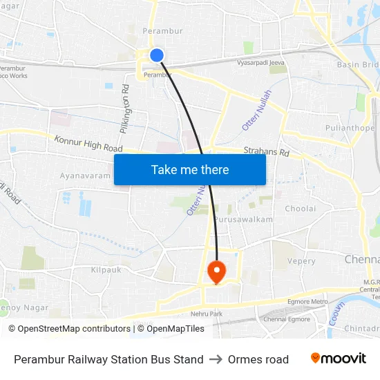 Perambur Railway Station Bus Stand to Ormes road map
