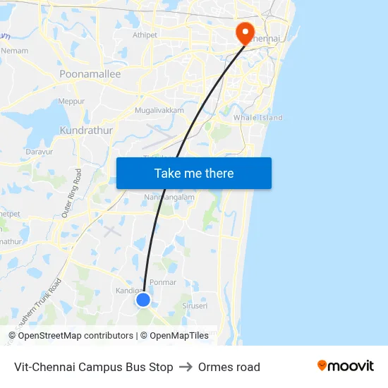 Vit-Chennai Campus Bus Stop to Ormes road map