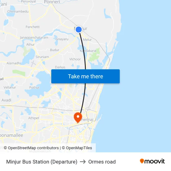 Minjur Bus Station (Departure) to Ormes road map