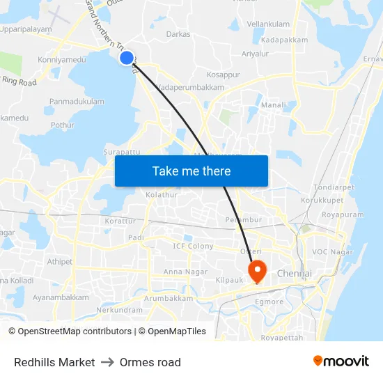 Redhills Market to Ormes road map