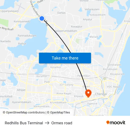 Redhills Bus Terminal to Ormes road map
