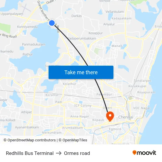 Redhills Bus Terminal to Ormes road map