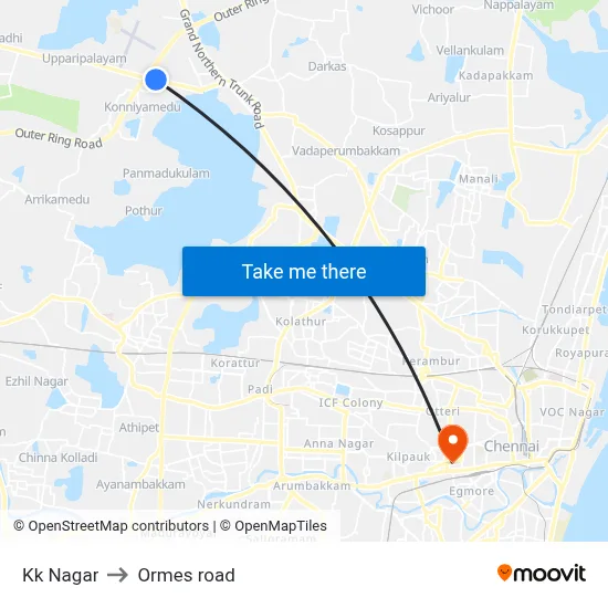 Kk Nagar to Ormes road map