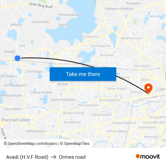 Avadi (H.V.F Road) to Ormes road map