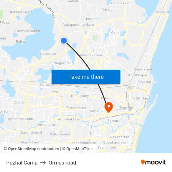 Puzhal Camp to Ormes road map