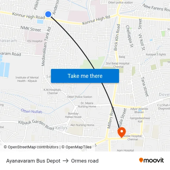 Ayanavaram Bus Depot to Ormes road map