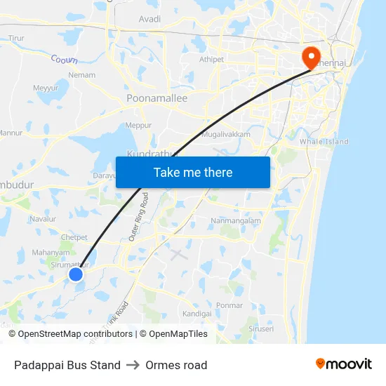 Padappai Bus Stand to Ormes road map
