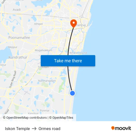 Iskon Temple to Ormes road map