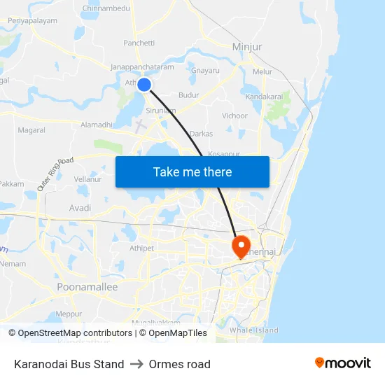 Karanodai Bus Stand to Ormes road map