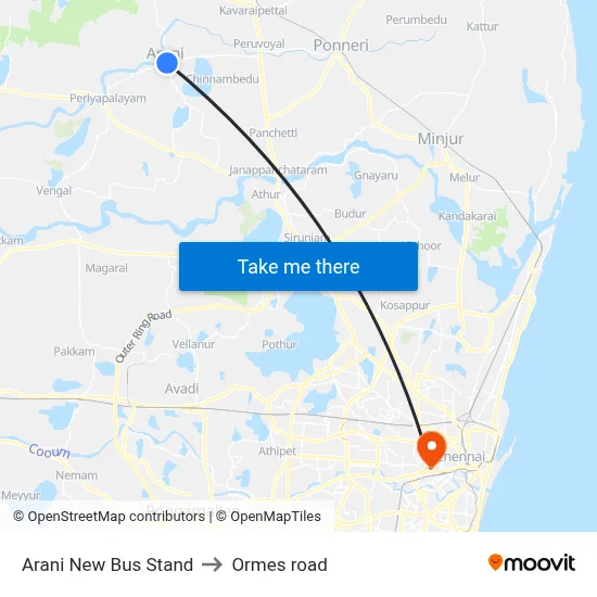 Arani New Bus Stand to Ormes road map