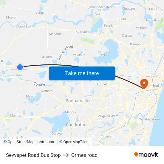 Sevvapet Road Bus Stop to Ormes road map