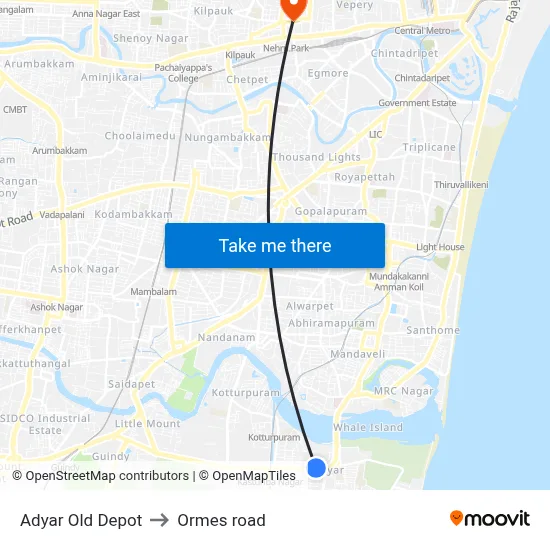 Adyar Old Depot to Ormes road map