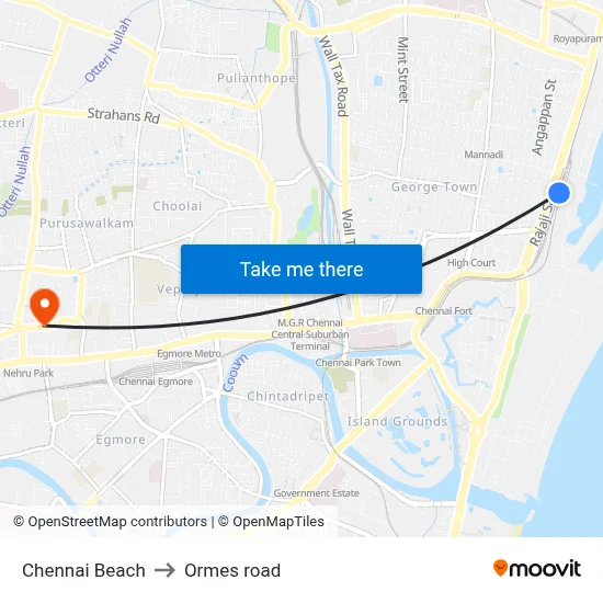 Chennai Beach to Ormes road map