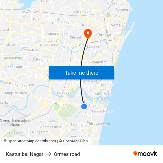 Kasturibai Nagar to Ormes road map