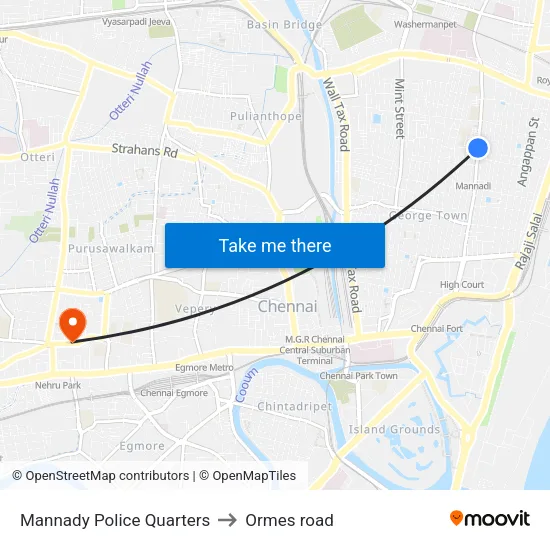 Mannady Police Quarters to Ormes road map