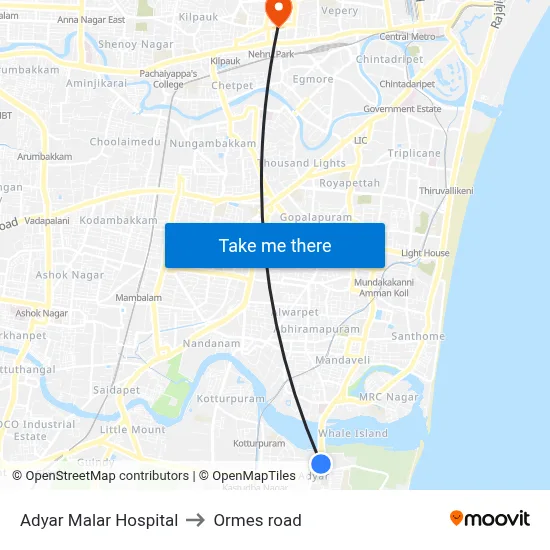 Adyar Malar Hospital to Ormes road map