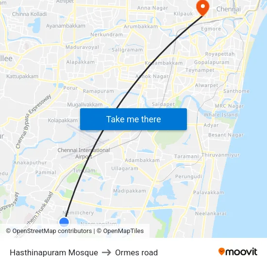 Hasthinapuram Mosque to Ormes road map