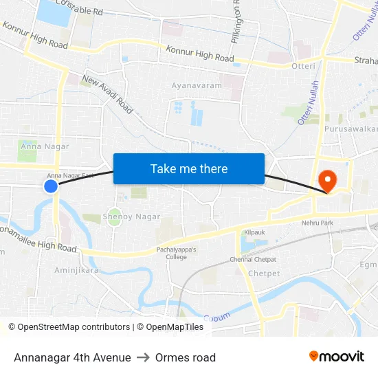 Annanagar 4th Avenue to Ormes road map