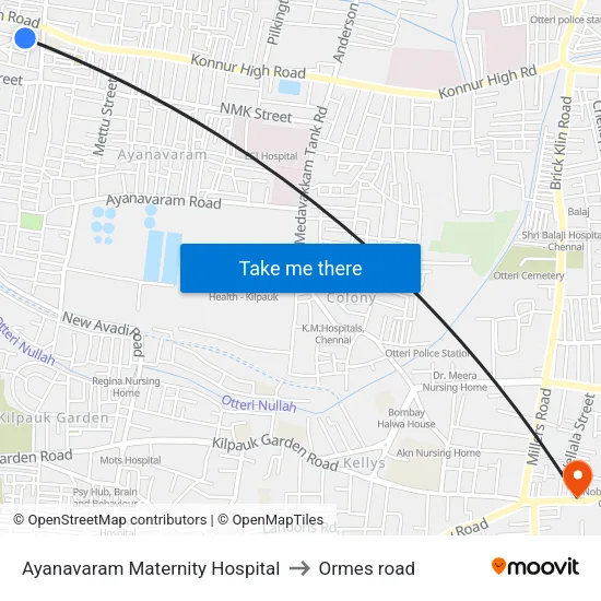 Ayanavaram Maternity Hospital to Ormes road map